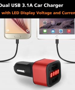 HJL Autoparts SMART ACCESSORY Car Charger 12-24V Dual USB 5V 3.1A With LED Display Voltage And Current-Red - #KC-2U003